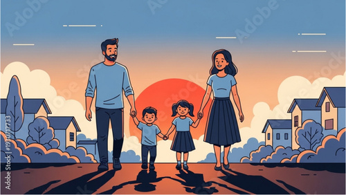 Family of three walking hand in hand down a suburban street at sunset with houses on either side.