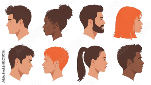 Diverse group of people profiles depicted in a simple illustration showcasing various hairstyles and skin tones