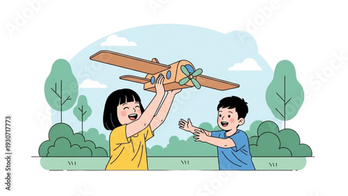 Children playing with a toy airplane in a green park area under a blue sky