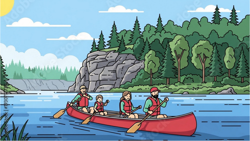 Family Enjoying a Leisurely Canoe Ride on a Serene Lake Surrounded by Lush Greenery and Rocky Terrain on a Sunny Day