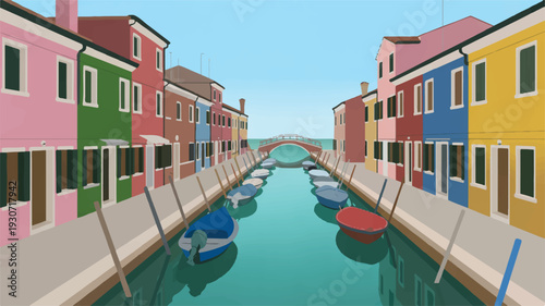 A digital illustration of a colorful canal scene in Burano, Italy (4)_traced