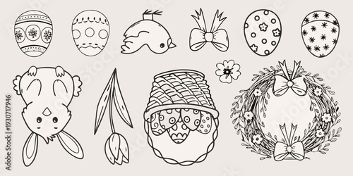 Charming easter doodles featuring bunnies eggs and a festive basket