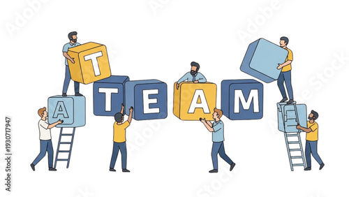 Group of people assembling large puzzle pieces to form the word TEAM from various viewpoints