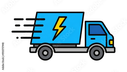 Electric delivery truck speeding down the road with a lightning bolt symbol on its side viewed from the side