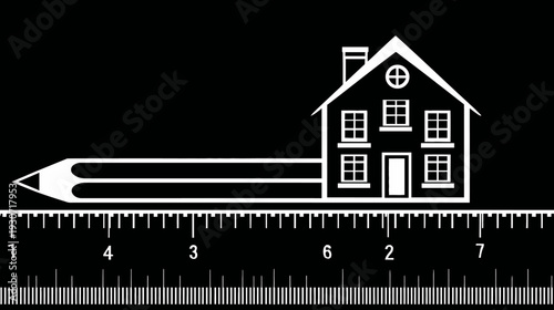 A pencil extends into a house on a ruler, representing measurement and housing