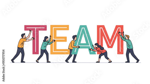 Diverse team members collaborating to assemble colorful letters forming the word TEAM, illustrations, flat design, office environment, side view