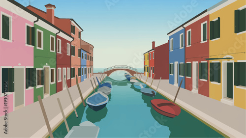 A digital illustration of a colorful canal scene in Burano, Italy (3)_traced