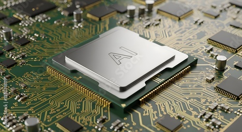 AI-enabled CPU/GPU on green PCB with etched AI labeling, close-up modern computer chip


