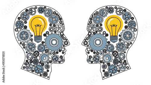 Two human heads with gears and light bulbs inside, symbolizing creativity and innovation from a side view