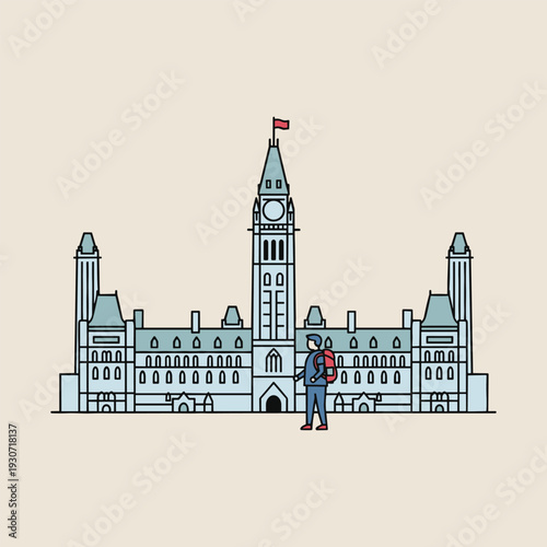 Flat illustration of the Parliament of Canada building with a backpacker standing in front