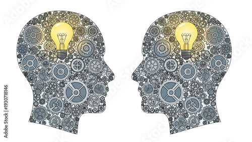 Two human heads filled with cogs and gears facing each other with glowing light bulbs inside their minds