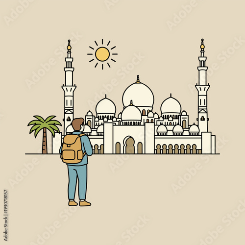 Traveler admiring a grand mosque with minarets and domes under a sunny sky