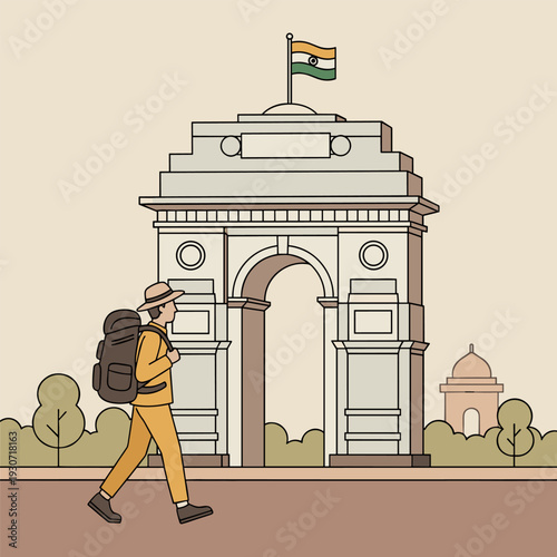 Traveler with backpack walks past India Gate monument in New Delhi, India