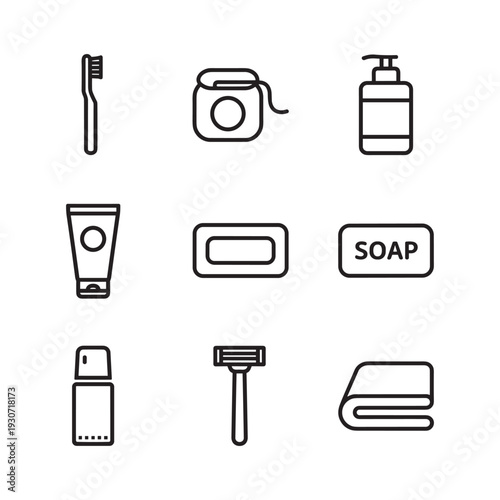 Collection of simple line icons representing personal hygiene and grooming essentials for daily care