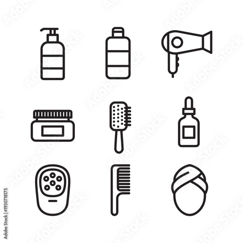 Collection of beauty and hair care icons including bottles, brushes, and a hairdryer