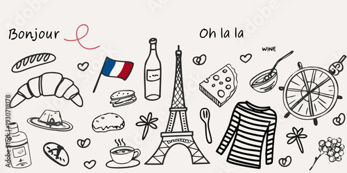 A charming doodle collection representing iconic french culture and cuisine