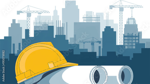 A digital illustration of a construction and architecture theme with a yellow hard hat resting on top of rolled blueprints in the foreground (2)_traced