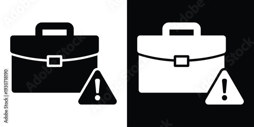 Professional briefcase icon with a warning triangle and exclamation mark. Business risk, portfolio error, and financial alert concept. Minimalist black and white vector symbol.