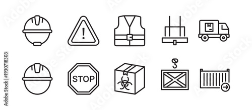 Collection of industrial safety and logistics icons for construction and shipping industries