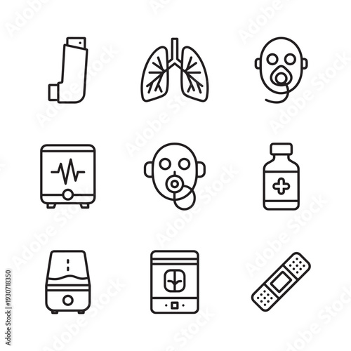 Collection of medical icons representing respiratory health and treatment options