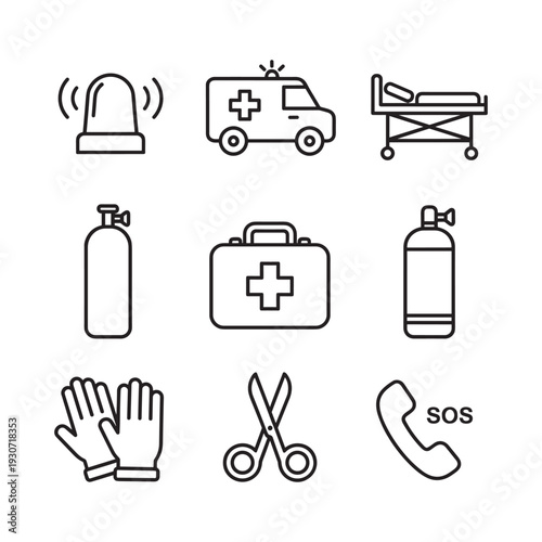 Collection of medical emergency icons representing healthcare and rescue services