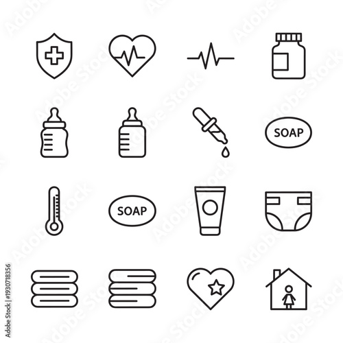 Collection of healthcare and baby care icons for medical and parenting themes
