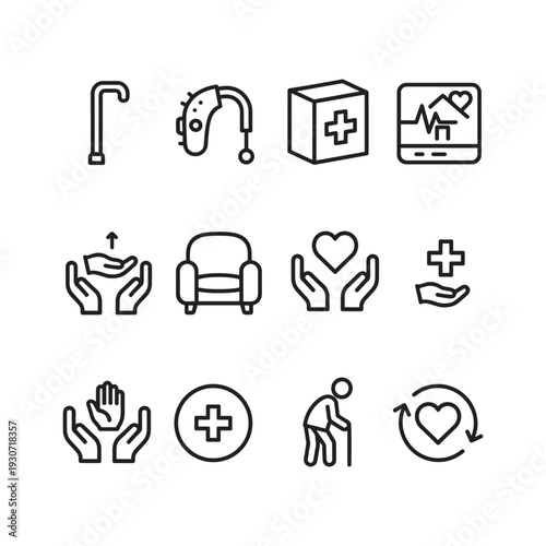 Collection of healthcare and senior care icons representing medical assistance and well-being