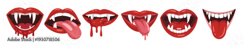 cartoon vampire mouths set with fangs and tongue expressions