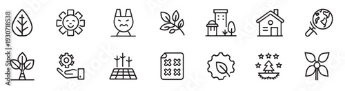 eco friendly related minimalist black line pcs icons set