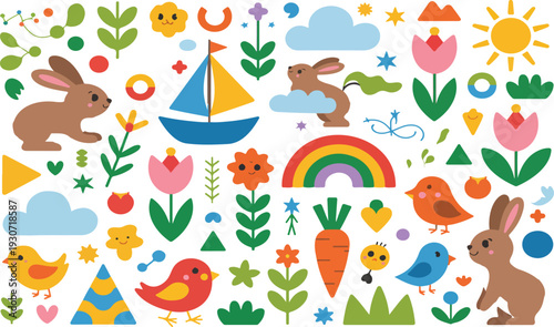 Cute Spring Icons Vector Set with Bunny, Birds, Flowers, Rainbow and Sun in Colorful Flat Illustration Style
