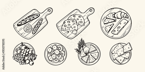 Hand drawn illustration of various food items arranged on plates and boards