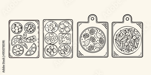 Four sketch style cutting boards displaying various food arrangements