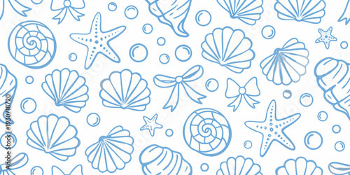 A delicate pattern of seashells starfish and bubbles in light blue