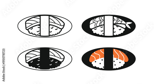Four nigiri sushi icons with varying design styles a black silhouette