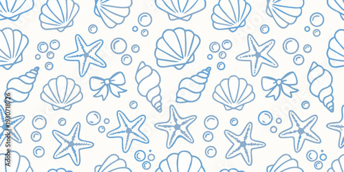 A seamless pattern of delicate seashells starfish and bubbly accents