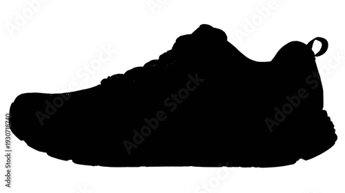 A side profile silhouette of a running or athletic shoe in solid black color