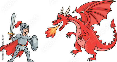 Cartoon knight fighting dragon, medieval fantasy battle scene, armor sword shield, fire breathing creature, cad drawing flat vector illustration for design projects