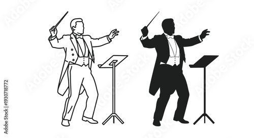 A conductor leading an orchestra shown in outline and silhouette