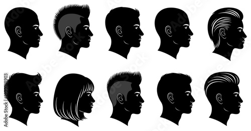 Untitled-2Silhouette human head profiles with diverse hairstyles, mohawk, slicked back, short cuts, bob haircut, fashion haircut icons, cad drawing flat vector illustration.