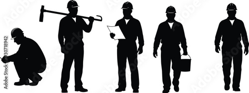 Silhouette construction worker profiles with tools, sledgehammer, clipboard, bucket, squatting pose, industrial labor icons, cad drawing flat vector illustration for design