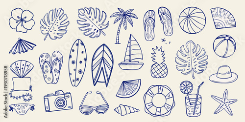 A collection of hand drawn summer and tropical themed illustrations
