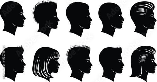 Silhouette human head profiles with diverse hairstyles, spiked, slicked back, short cuts, long bangs, fashion haircut icons, cad drawing flat vector illustration