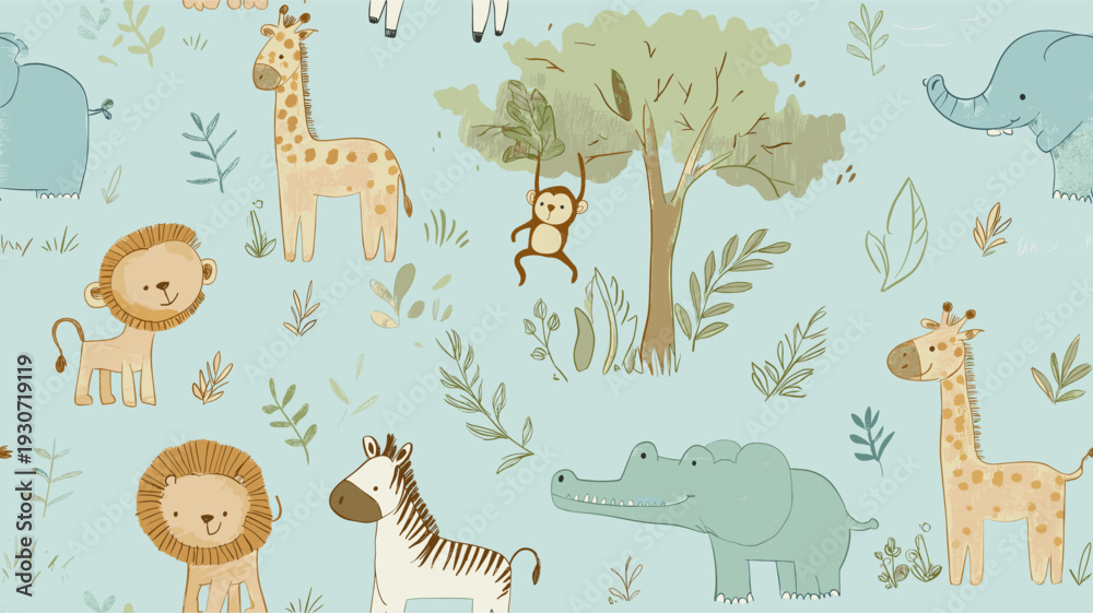 Obraz premium Safari animals pattern with giraffes, elephants, and lions on a light blue background. Cute cartoon jungle animals seamless pattern