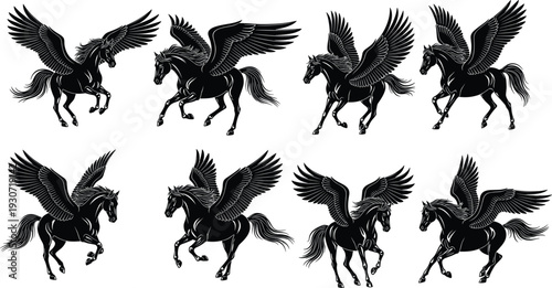Silhouette winged horse Pegasus profiles in flight, dynamic poses, mythological fantasy creatures, black vector icons, cad drawing flat vector illustration for design