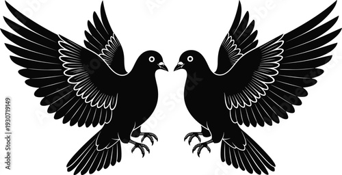 Symmetrical dove bird silhouettes facing each other, wings spread, peace harmony symbol, black vector icons, cad drawing flat vector illustration for design