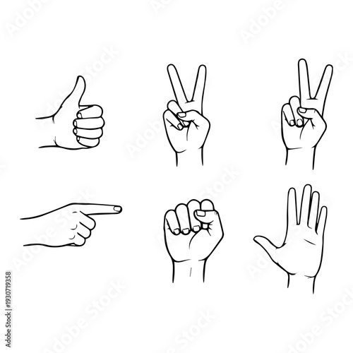 Hand gestures in line art style with black and white contrast for communication and expression.