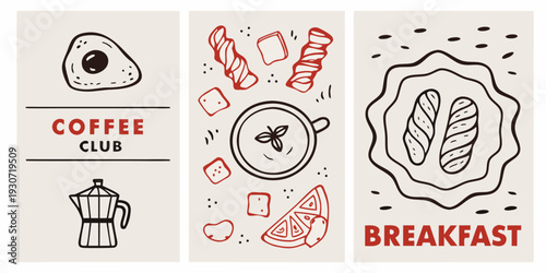 Stylized breakfast and coffee themed illustrations in a triptych format