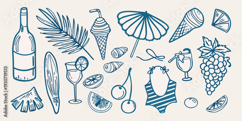 A collection of hand drawn summer themed objects in blue lines