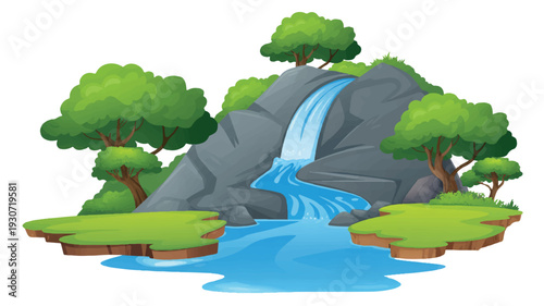 A digital illustration of a scenic waterfall landscape with a large gray rocky cliff face (3)_traced