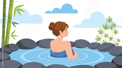 A digital illustration of a serene hot spring scene with a young woman in a blue towel relaxing in crystal-clear blue water (2)_traced